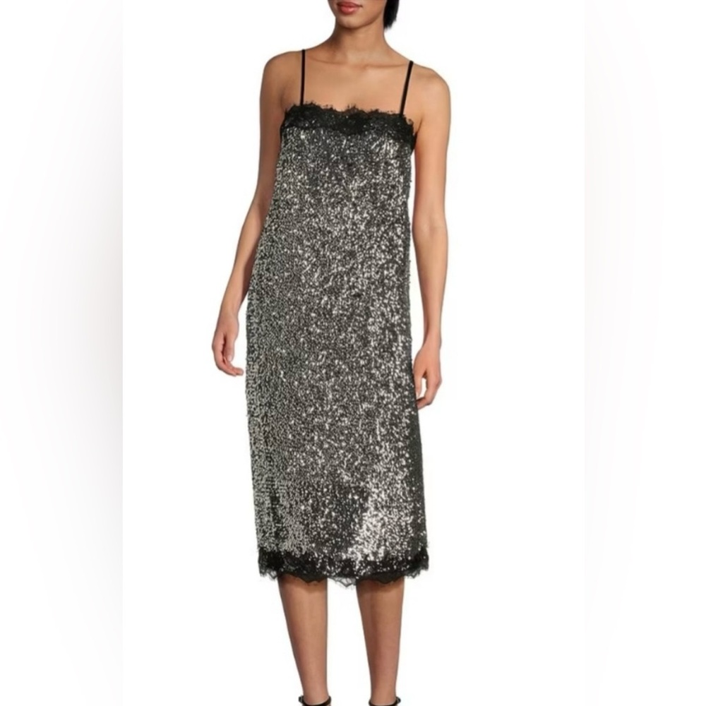 Lilly Sisto/Gianni Bini Allegra Sequin Lace Trim Spaghetti Strap Midi Dress NEW